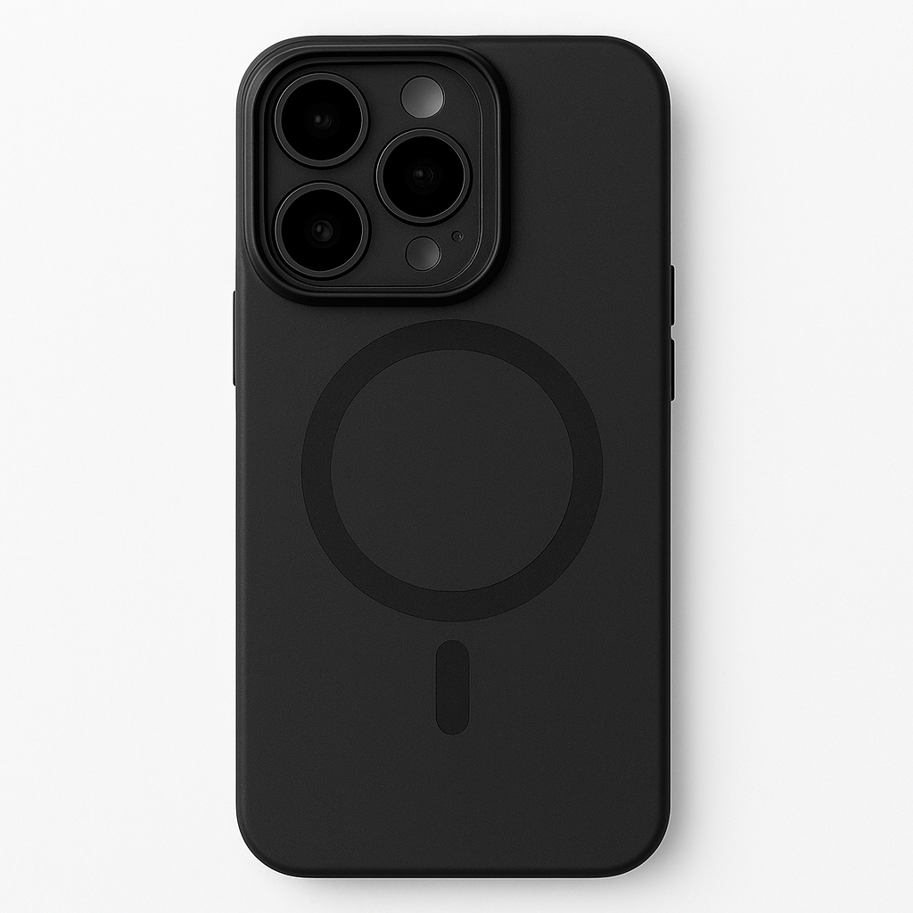 Matte clear MagSafe phone case for iPhone 16 Pro Max with black frame and raised camera lens protection